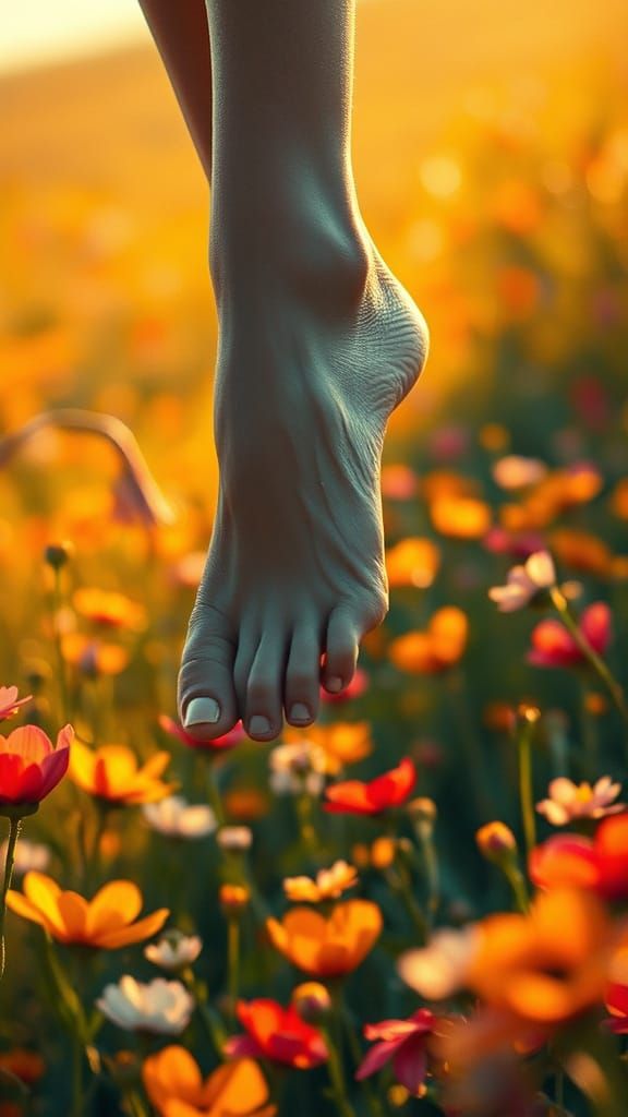 Woman's Foot Above Flower Meadow, Hyperrealistic Digital Art