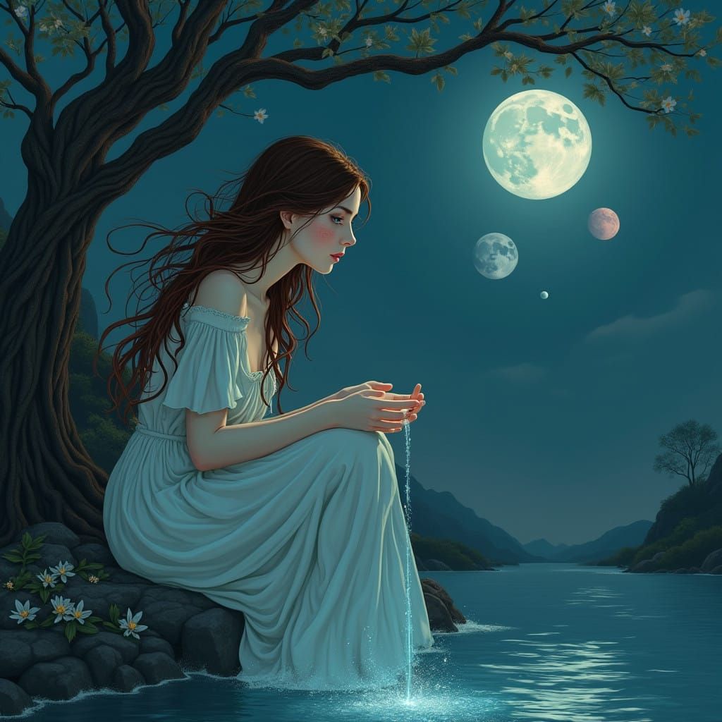 Ethereal Woman Amidst Celestial Landscape