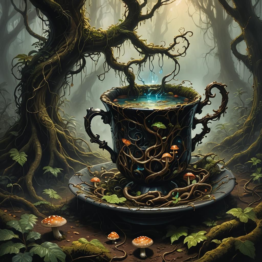 Rainforest Teacup: Dark Fantasy Art in Oil Painting Style