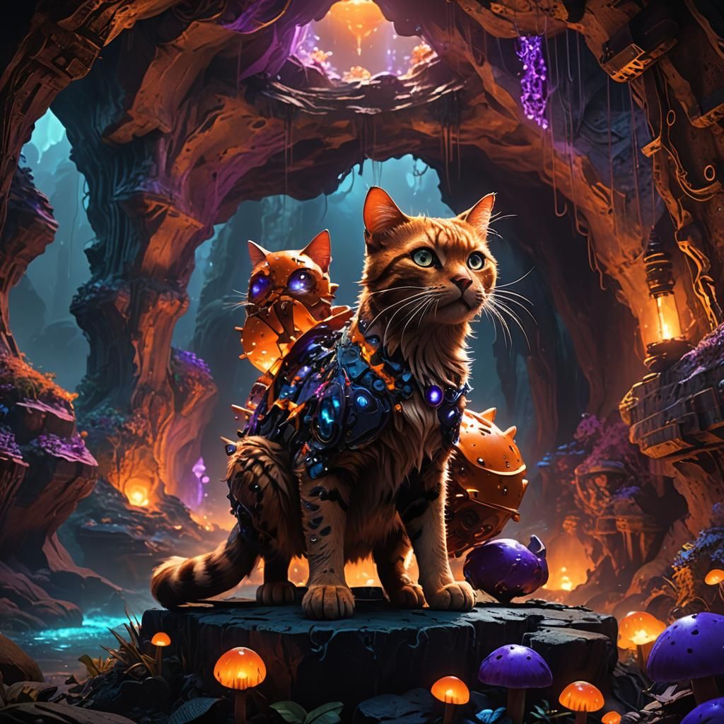 Mechanical Cat in Enchanted Cave