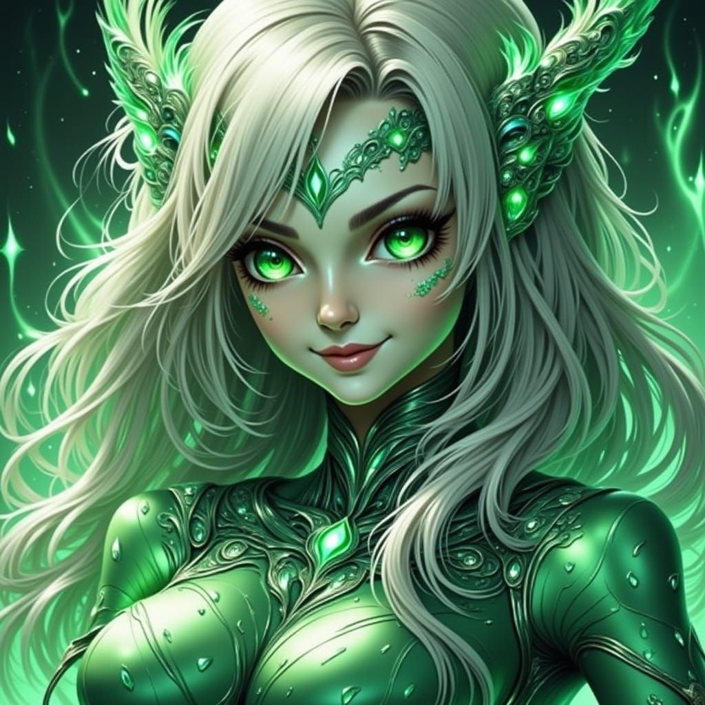 Shimmering Figure with Metallic Eyes in Electric Lighting