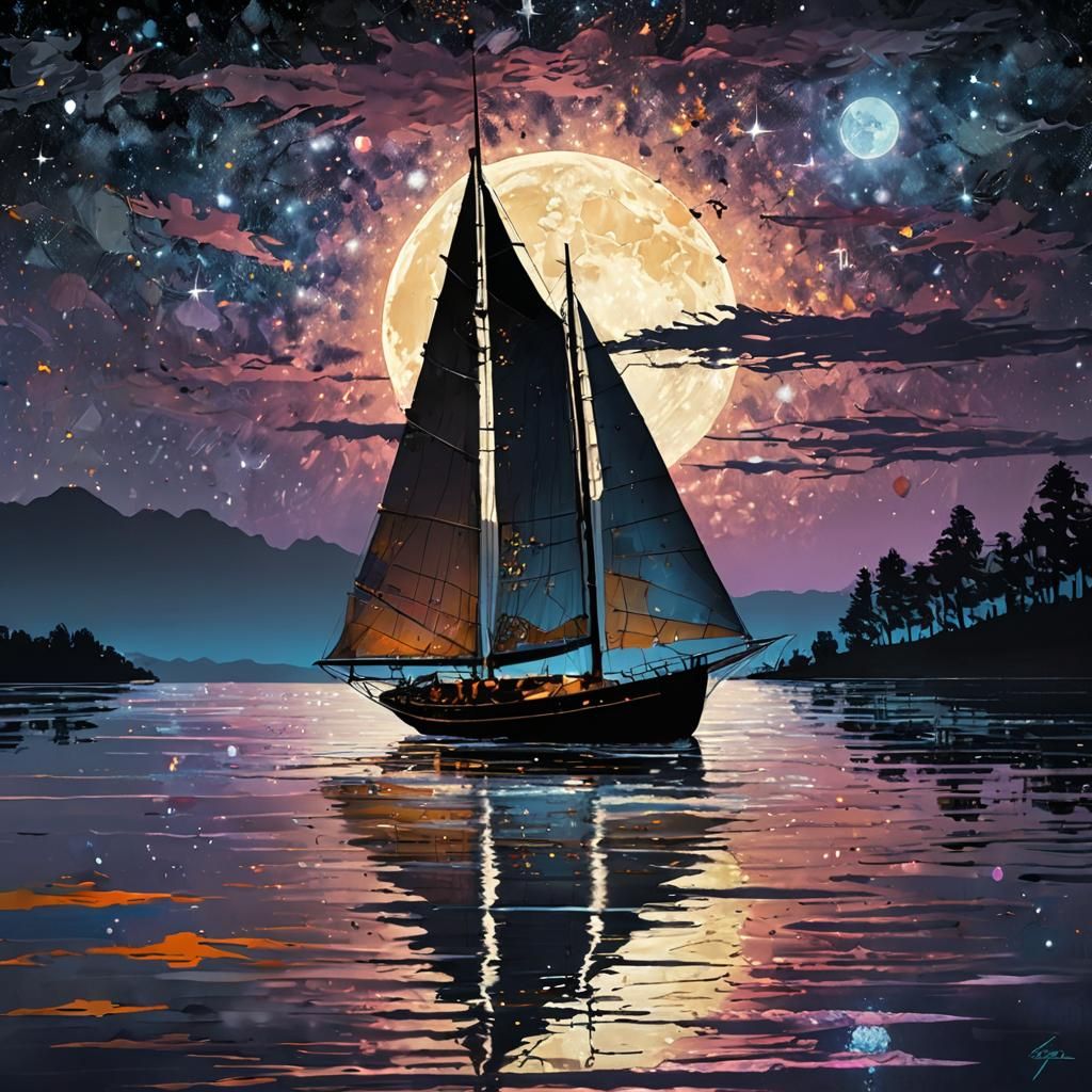 Sailboat Silhouette Under Neon Moon, Impressionist Style