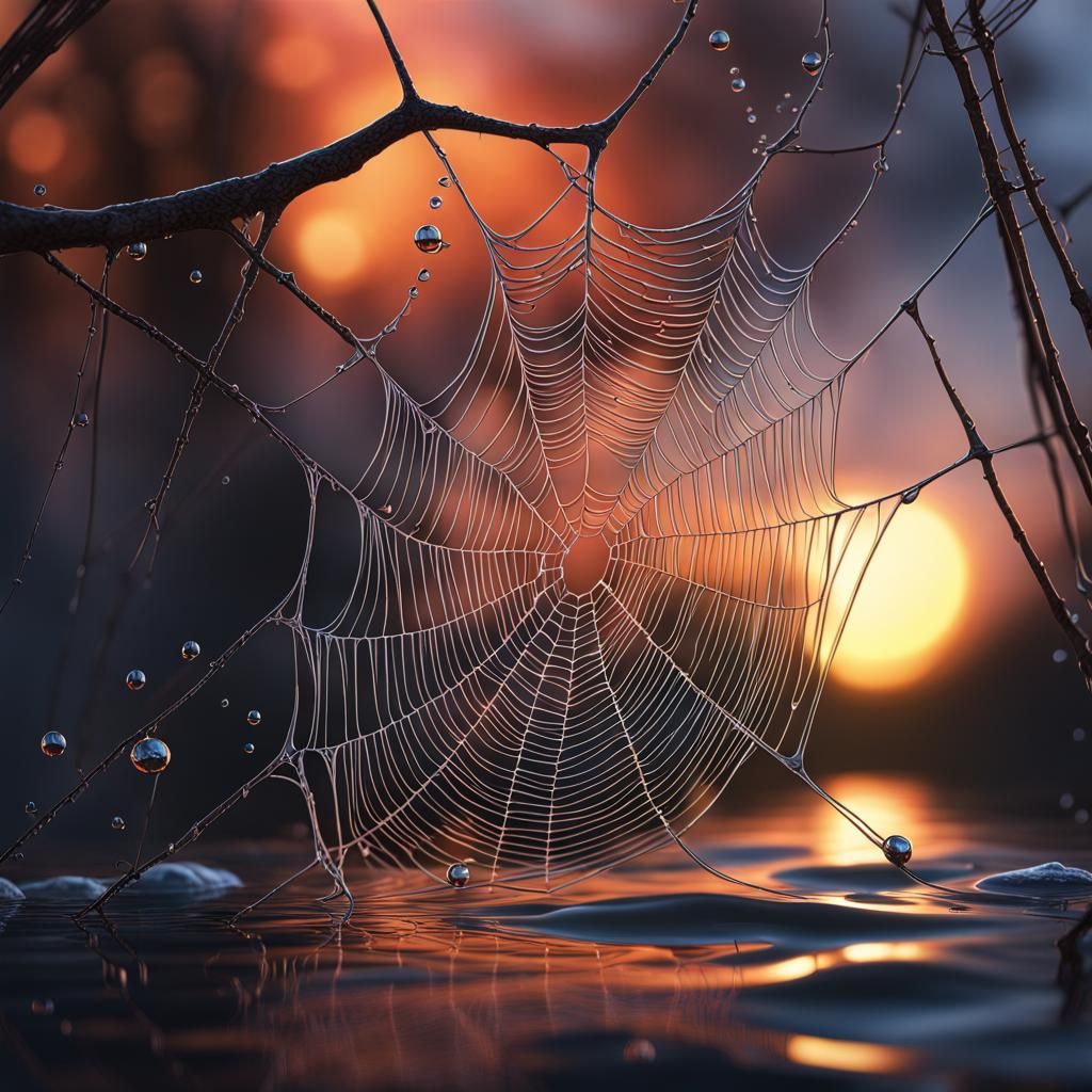 Spiderweb Dewdrops at Sunset: Fantasy Concept Art