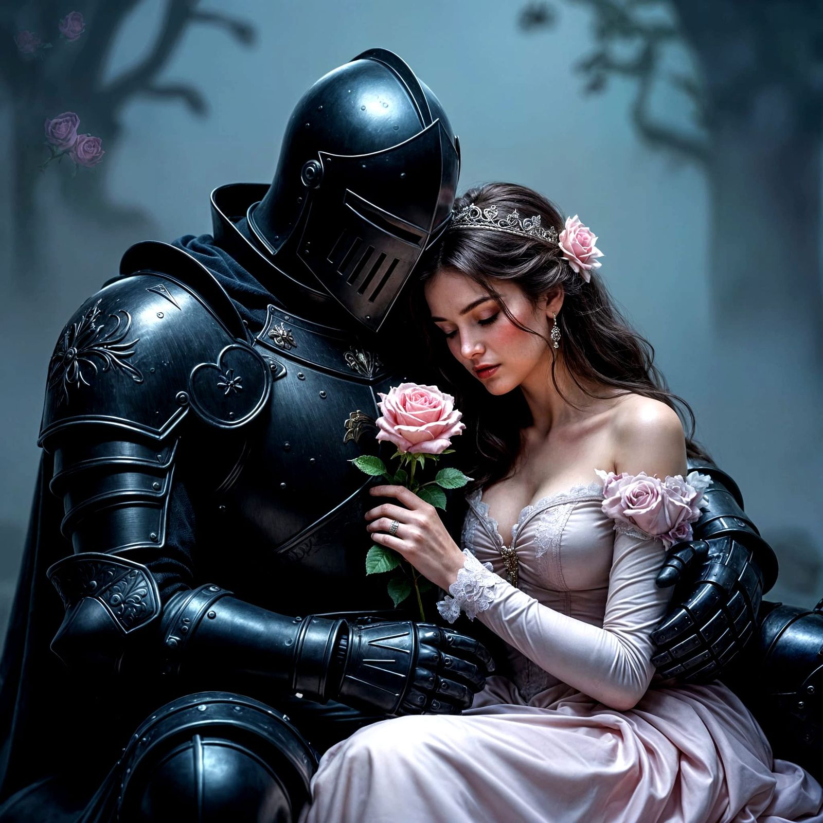 Melancholic Knight and Princess with Rose