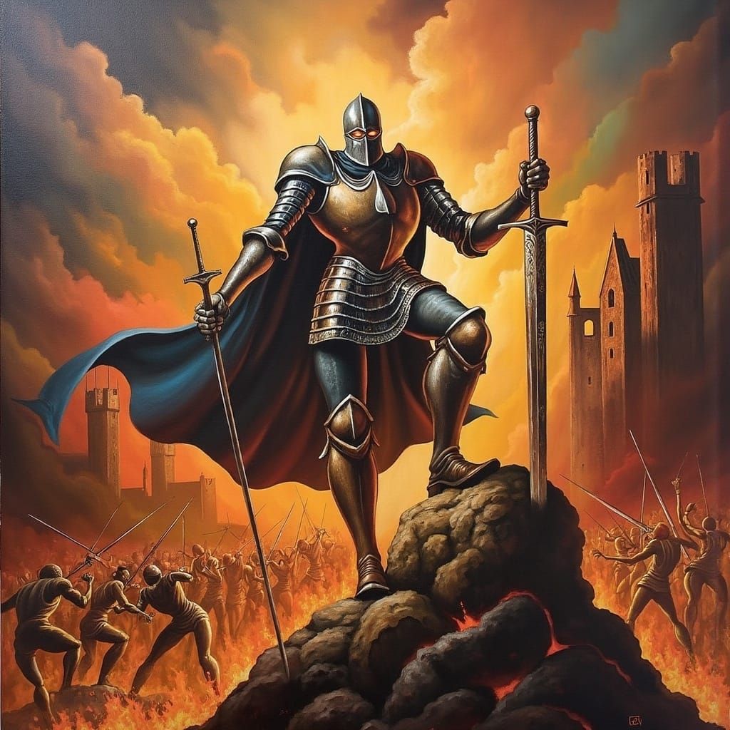 Armored Knight Stands on Molten Rock Formation