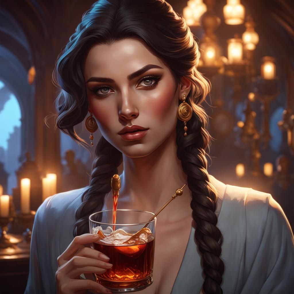 Girl with Pearl Earring Drinks Fernet, Hyperdetailed Art