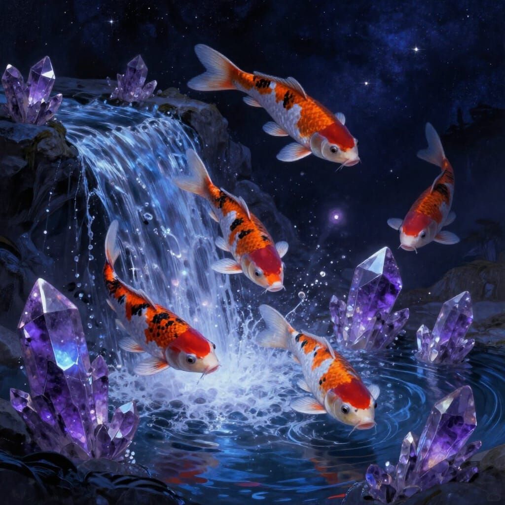 Rainbow Koi Leap Through Crystal Waterfall Under Starry Nigh...