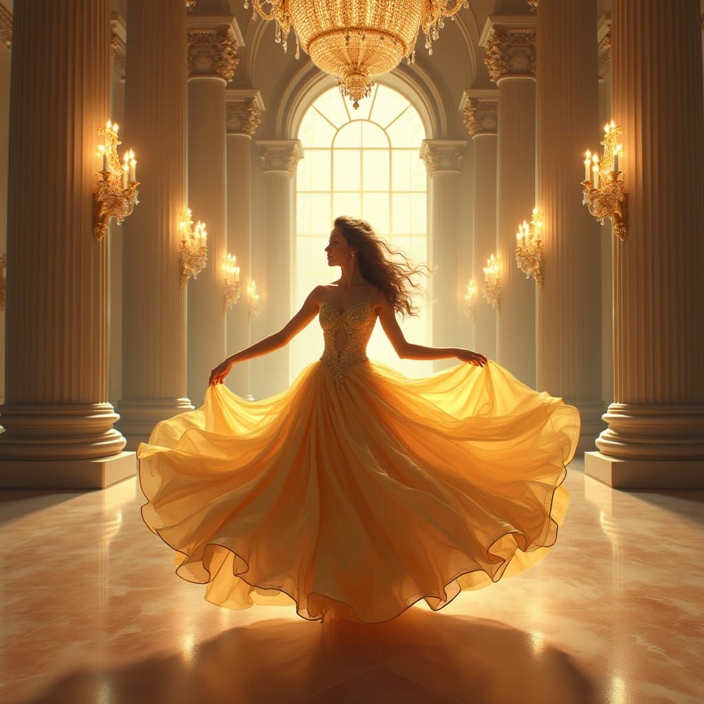 Fantasy Princess in Royal Ballroom with Glowing Chandeliers