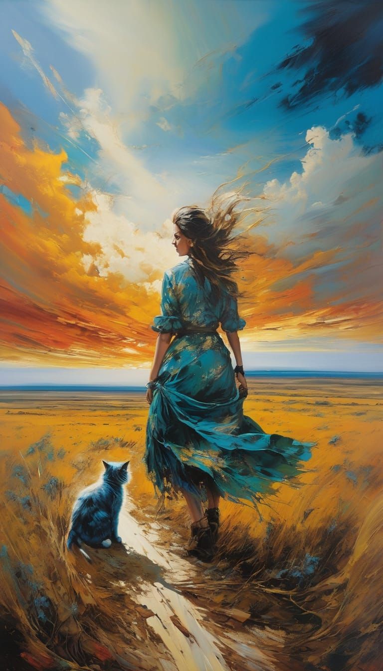 Surreal Young Woman on Endless Steppe in Vibrant Oil Paintin...