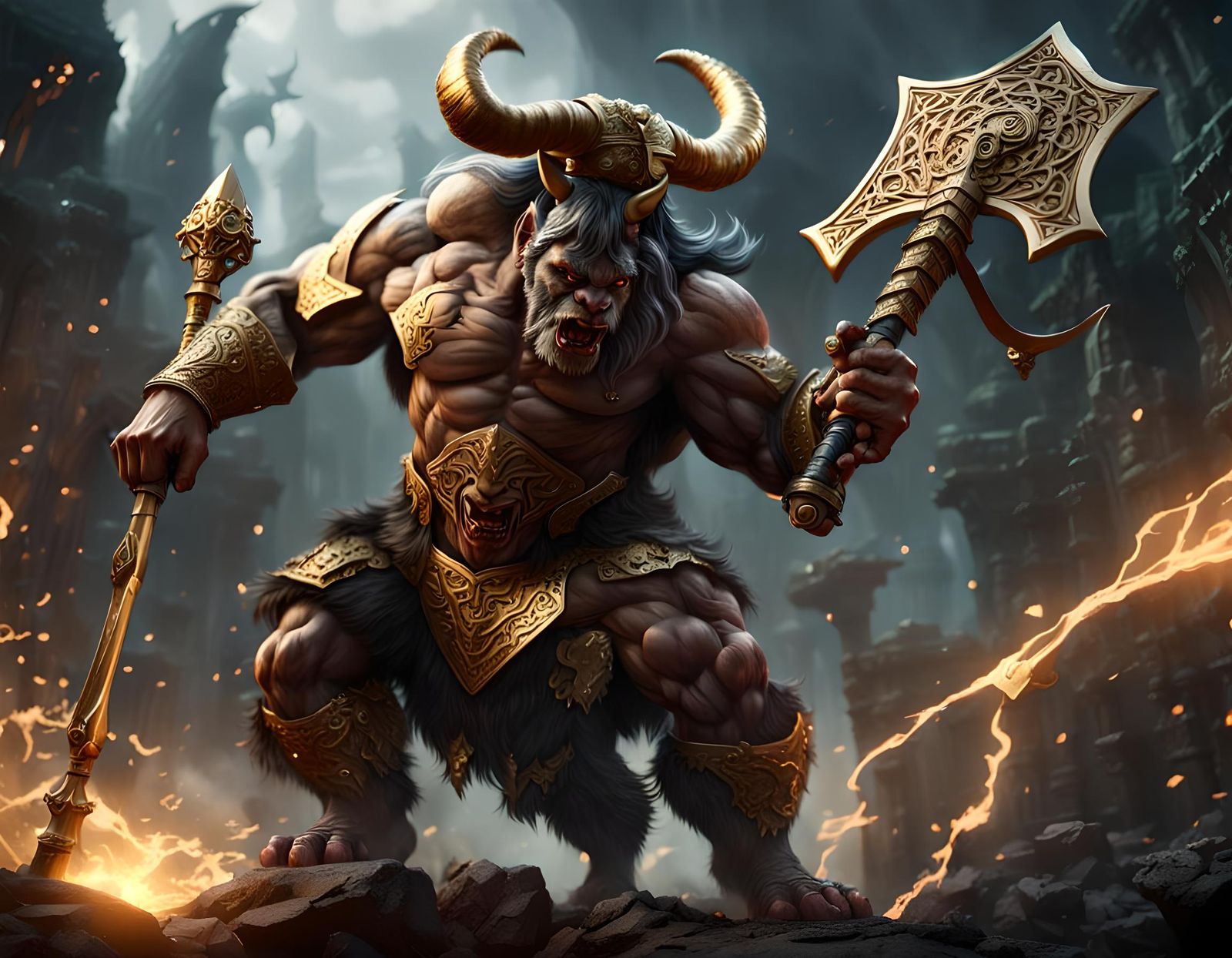 Minotaur with Battle-Axe in Epic Fantasy Scene