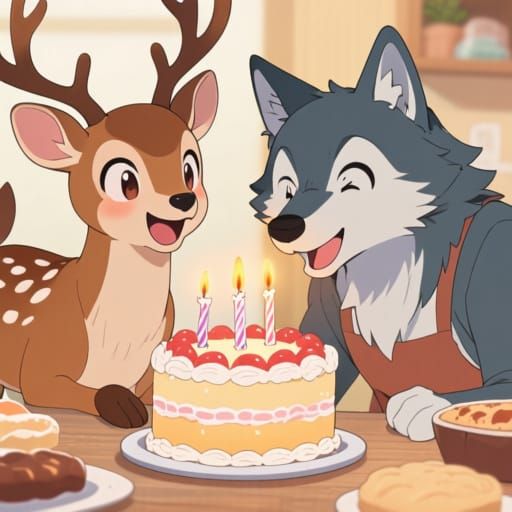 Anime Deer and Wolf Bake a Cake Together
