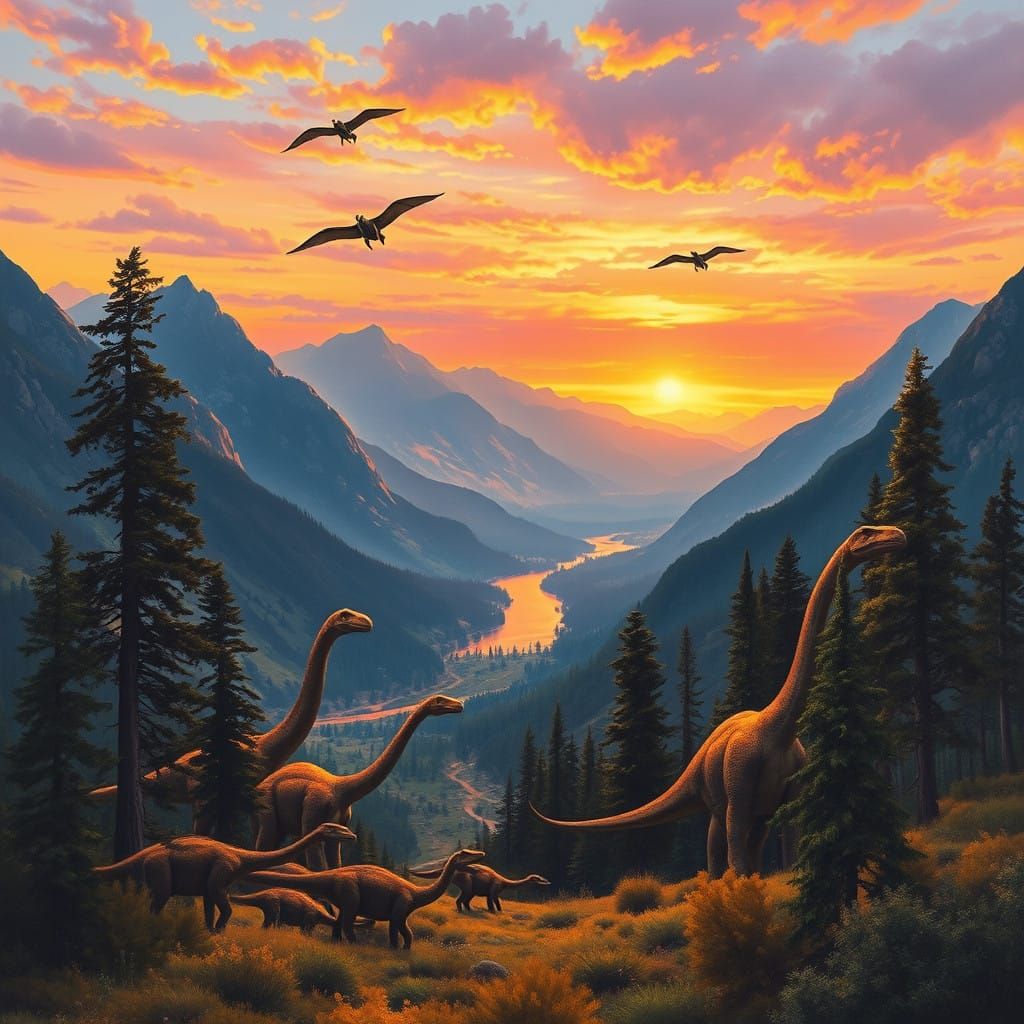 A sweeping landscape painting of a Jurassic valley, teeming with life