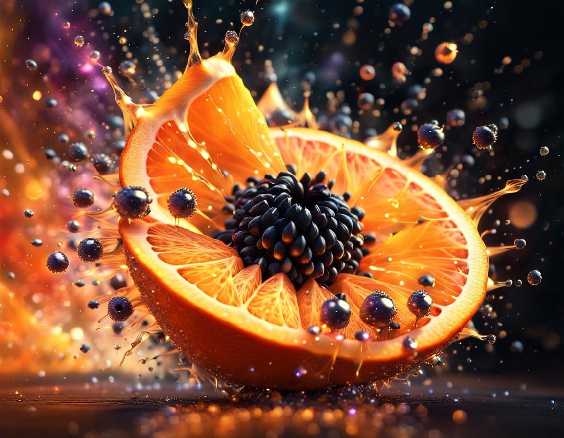 Hyperrealistic Alien Fruit Explosion with Crystals