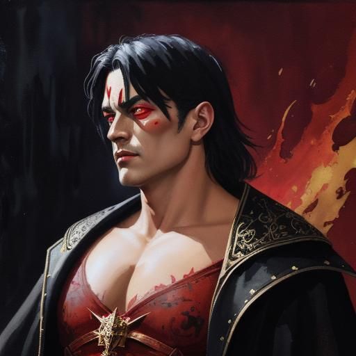 Demonic Man with Red Star Eyes in Gouache Style