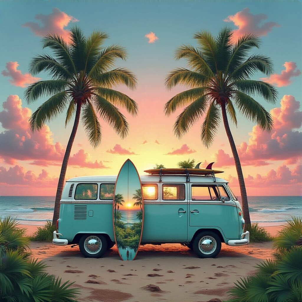 Tropical Sunset Surf Van With Palm Trees Digital Art