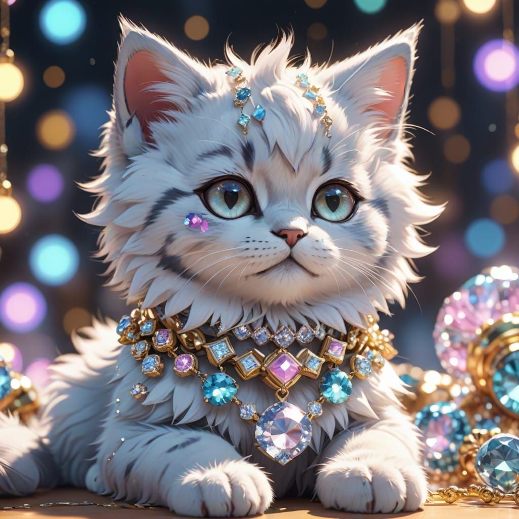 Cute Anime Kitten Wears Glittering Jewels in Soft Pastel Lig...