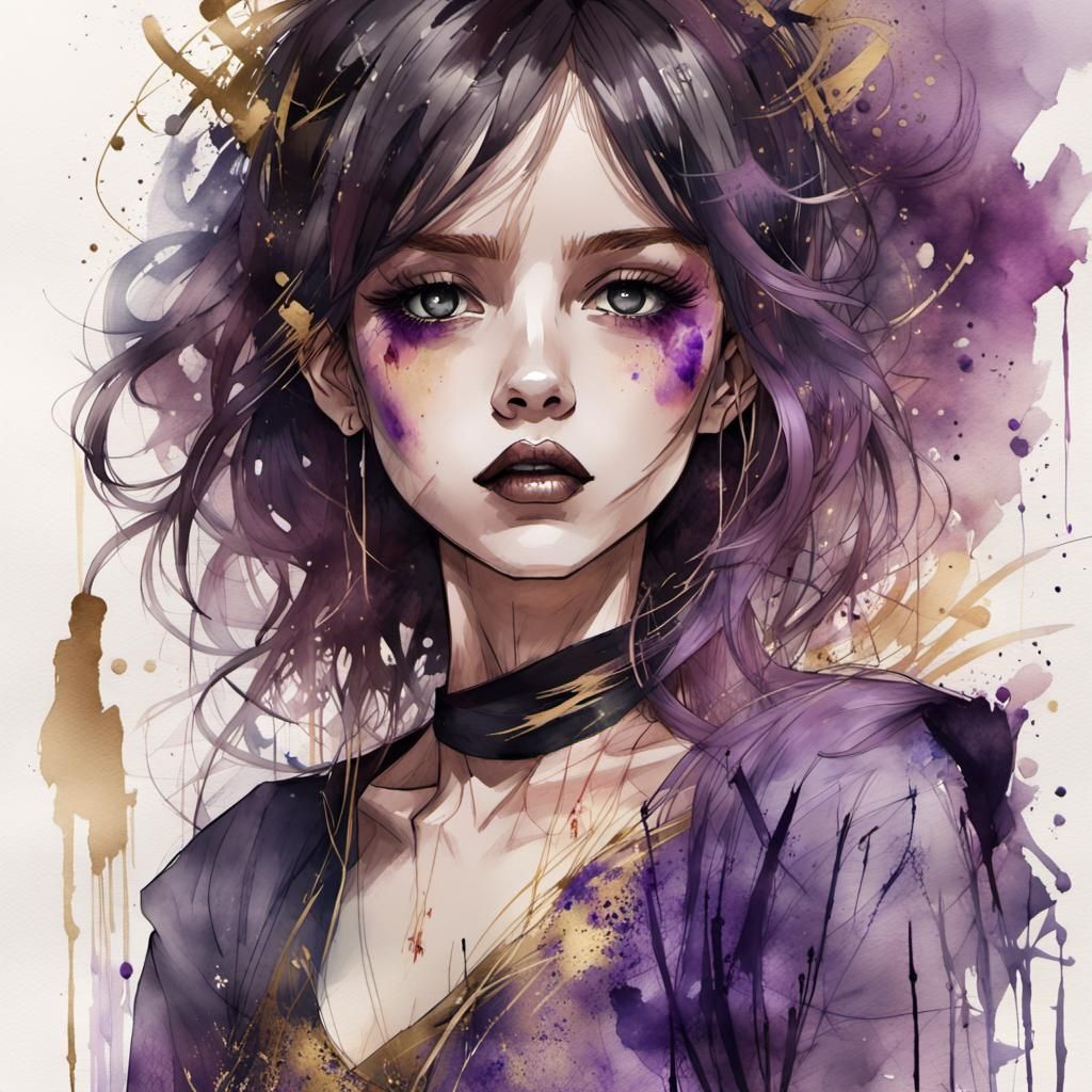 Gothic Emo Portrait in Watercolor Manga Style