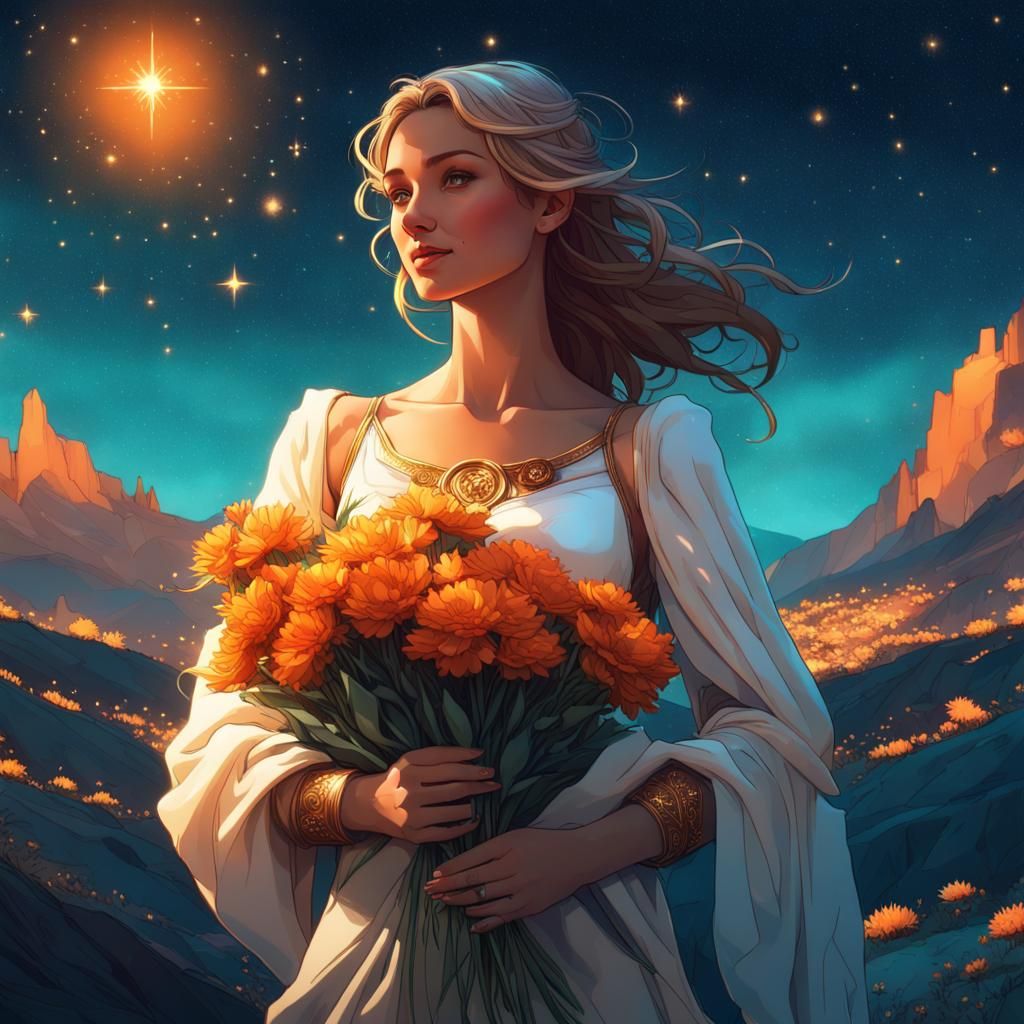 Girl with Flowers Under Starry Night, Digital Art
