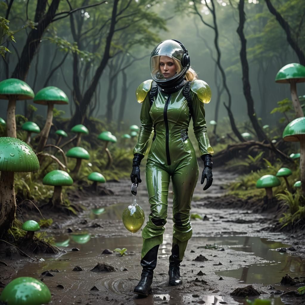 Blonde Woman in Green Catsuit on Alien Planet