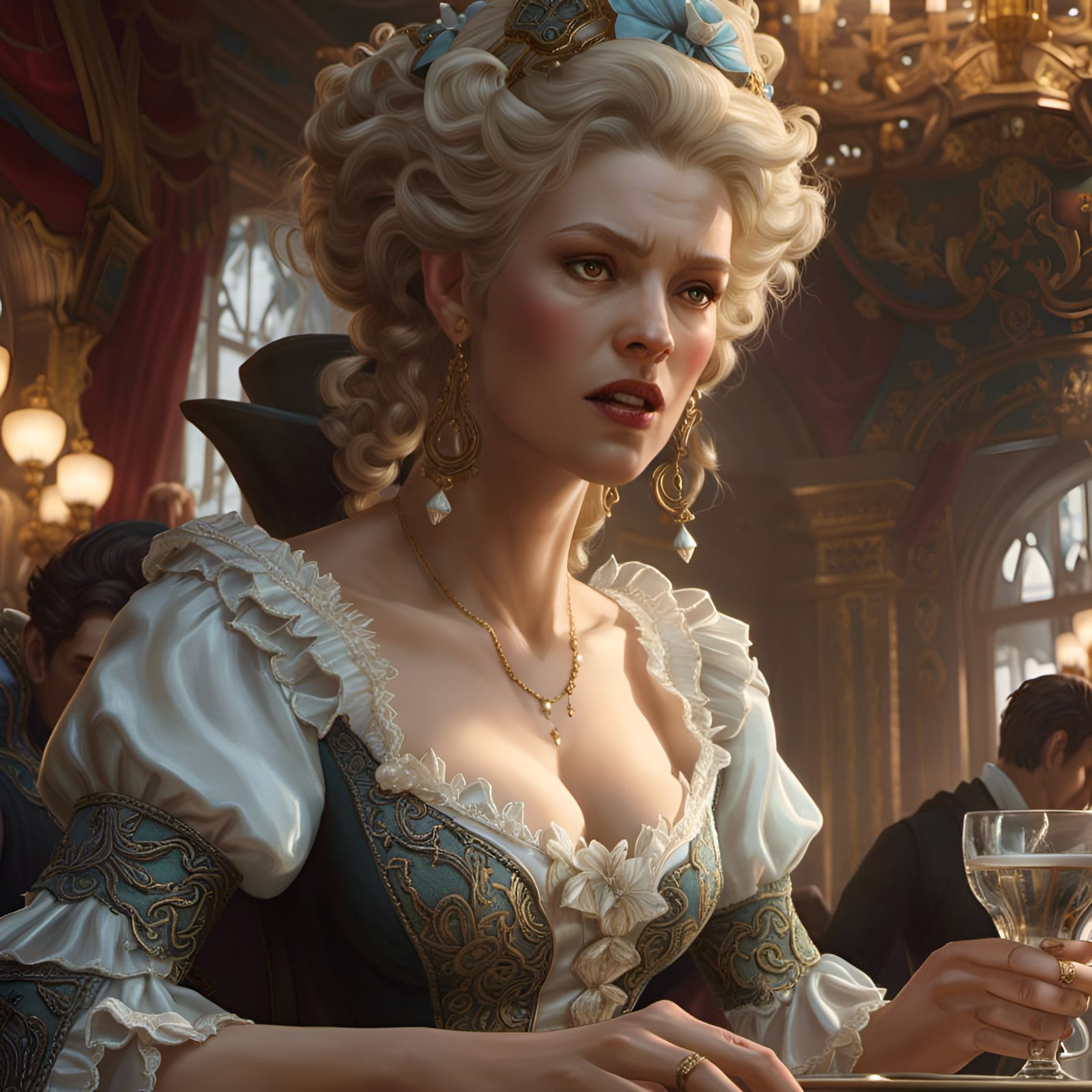 Angry Woman in Cafe, Rococo Style Illustration