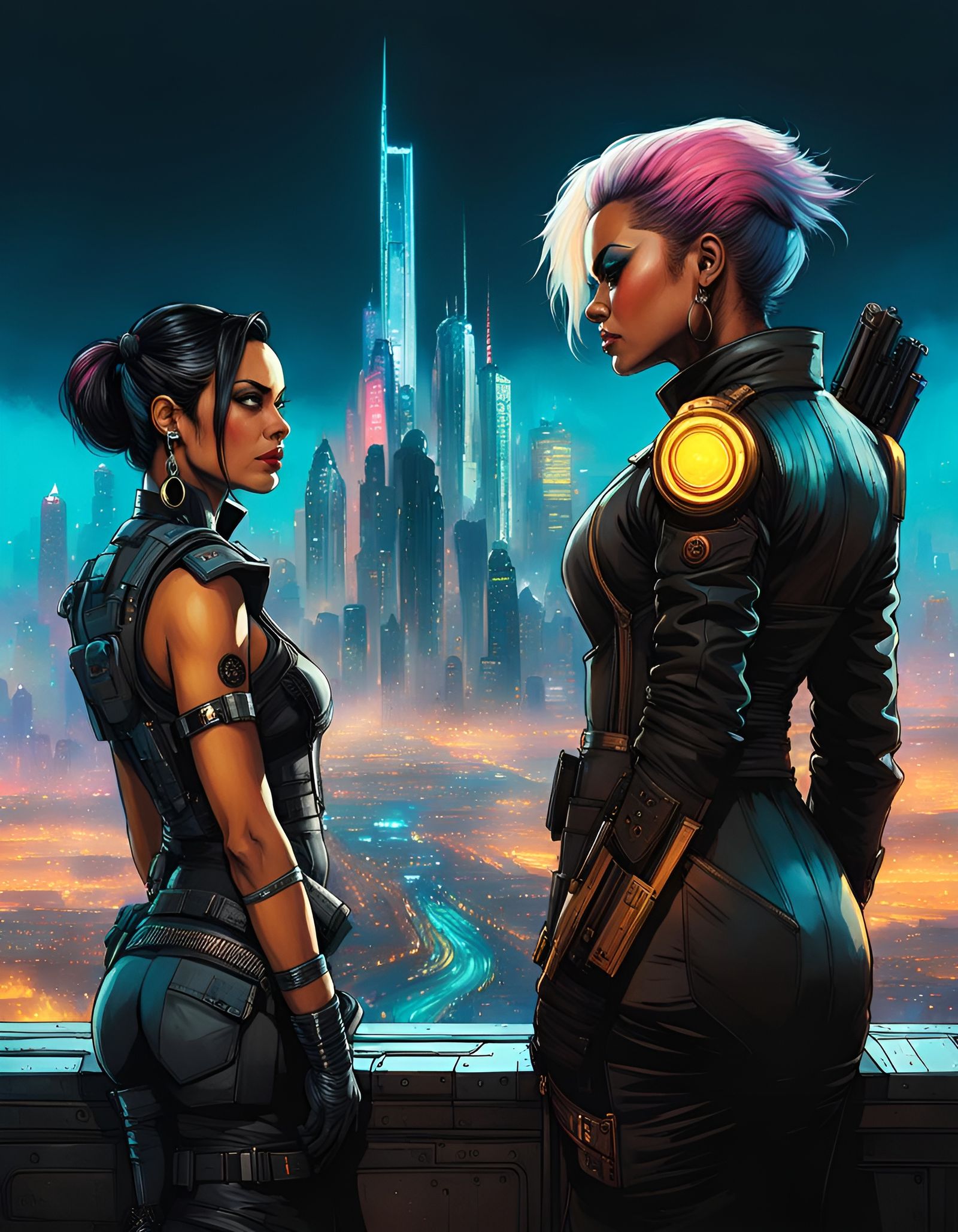 Panam and V Admire Night City in Crayon