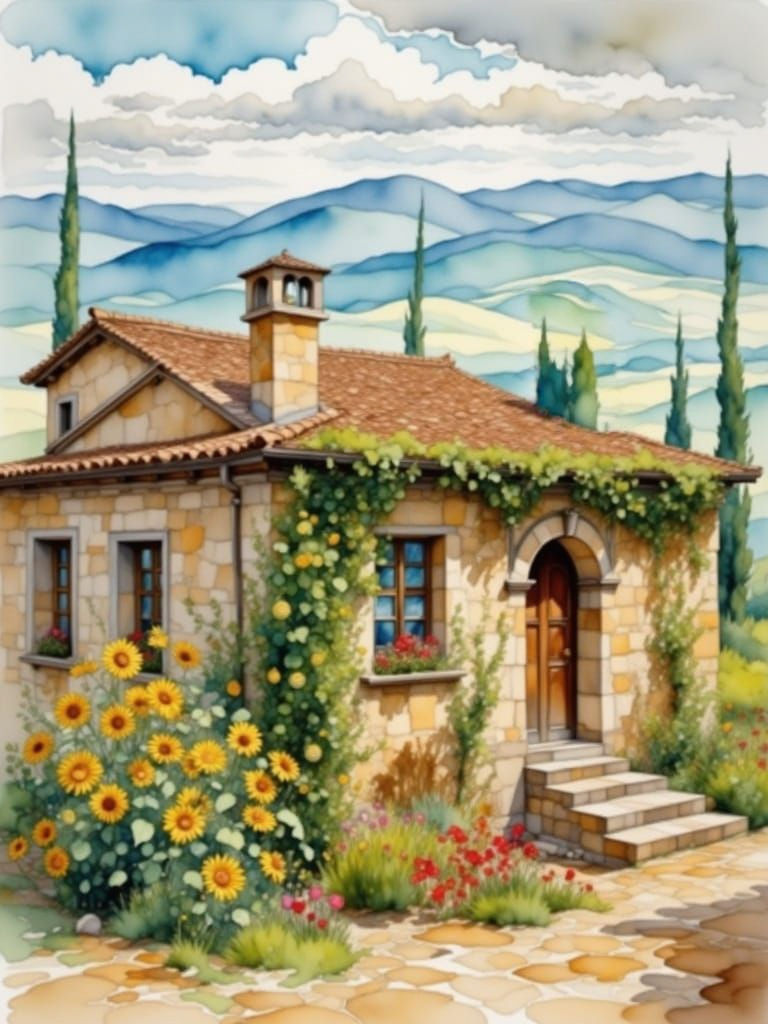 Whimsical Tuscan Cottage in Vibrant Watercolor