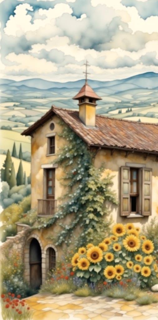 Italian Countryside Cottage in Vibrant Watercolor Style