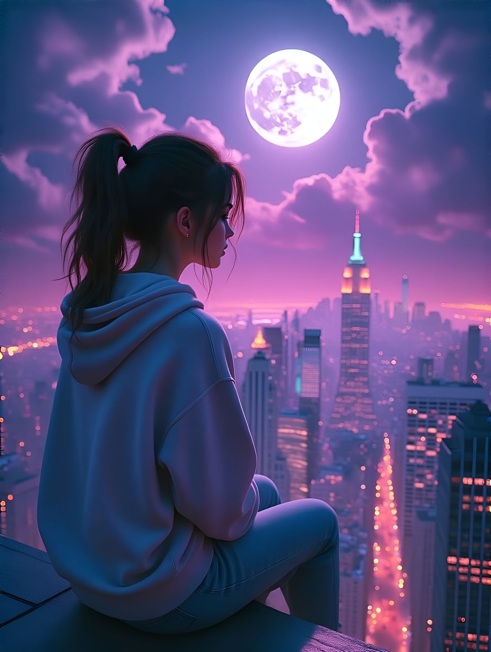 Young Woman Contemplates Cityscape at Night in Hyperrealisti...