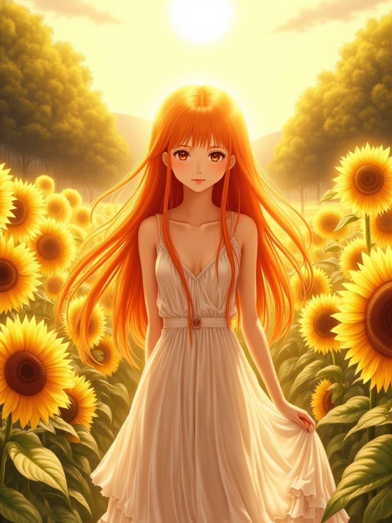 Young Woman in Sunflower Field in Anime Style
