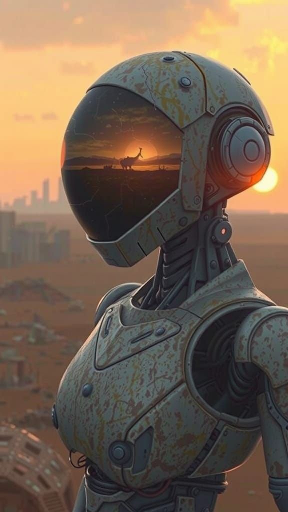 Weathered Robot Contemplates Ruined Horizon Amidst Post-Apoc...