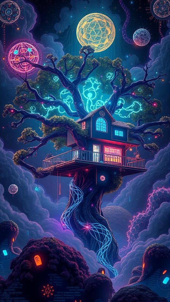 Cyberpunk Dreamscapes: Bioluminescent Treehouse in Fractal F...