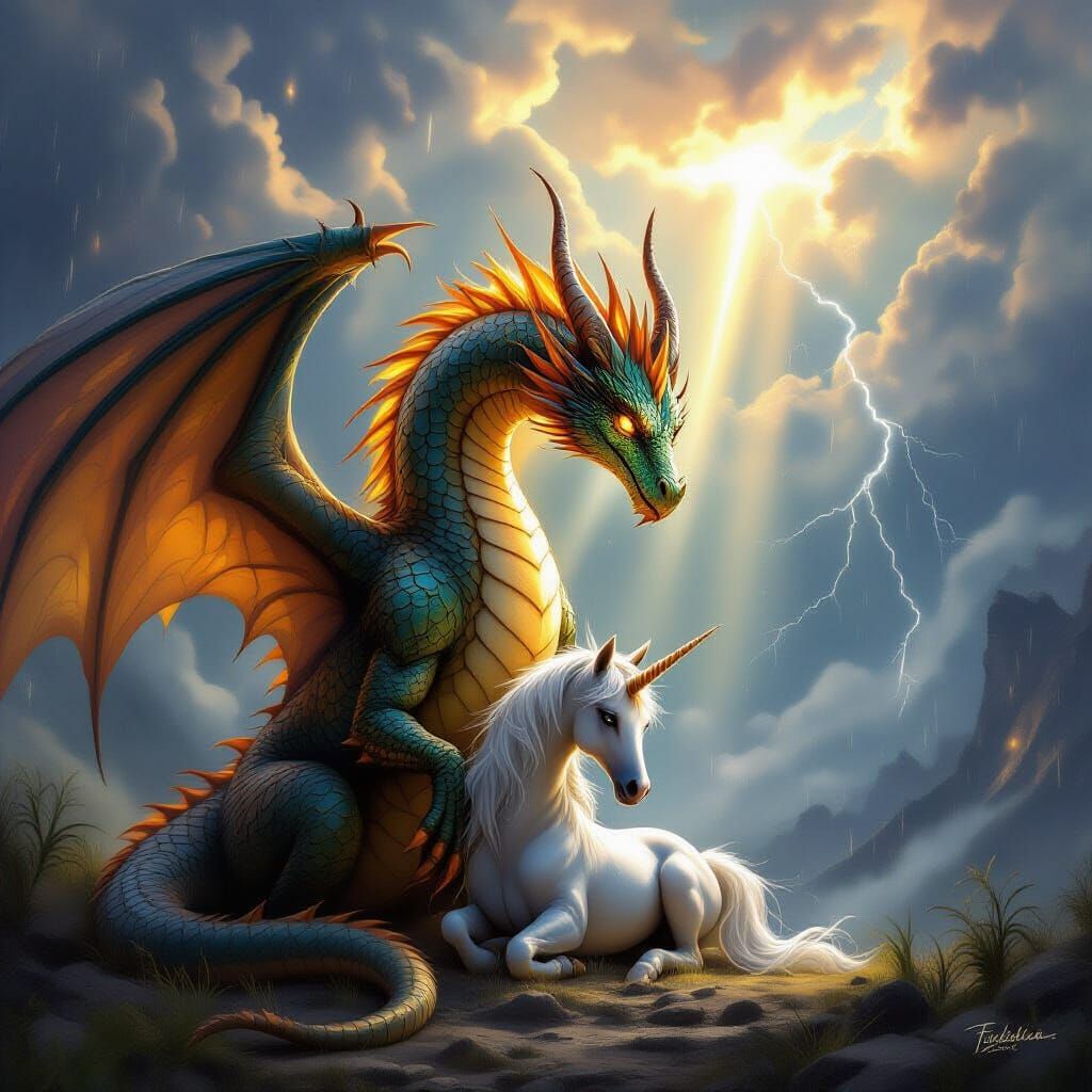 Dragon Sheltering Unicorn in Dramatic Storm