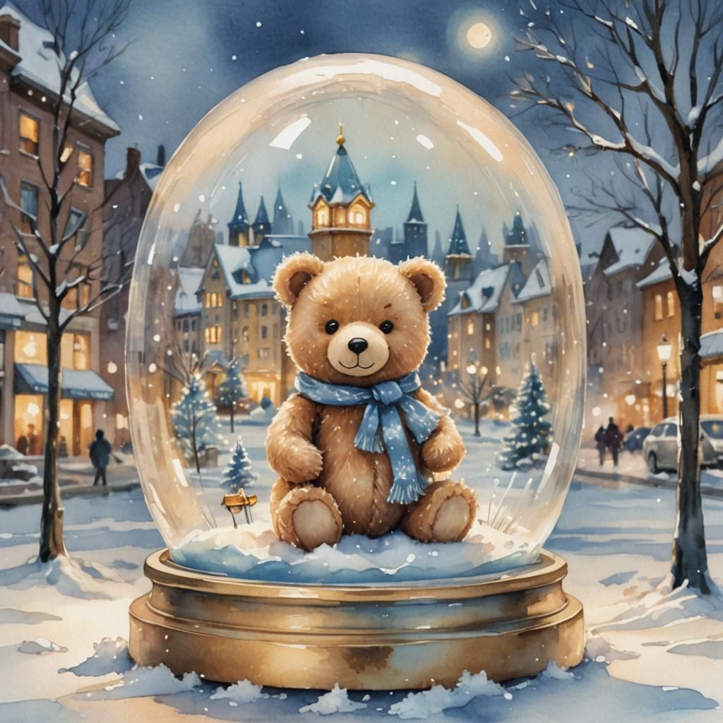 Teddy Bear in Snow Globe: Watercolor Cityscape