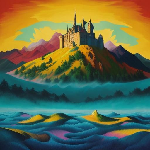 Surreal Castle on Mountain with Abstracted Figures