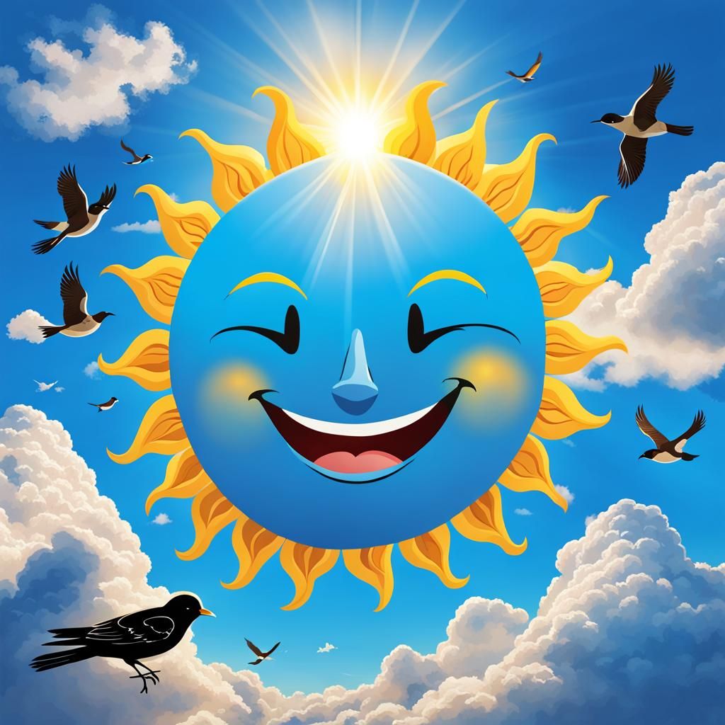 Smiling sun in blue sky looking down on some clouds and bird...