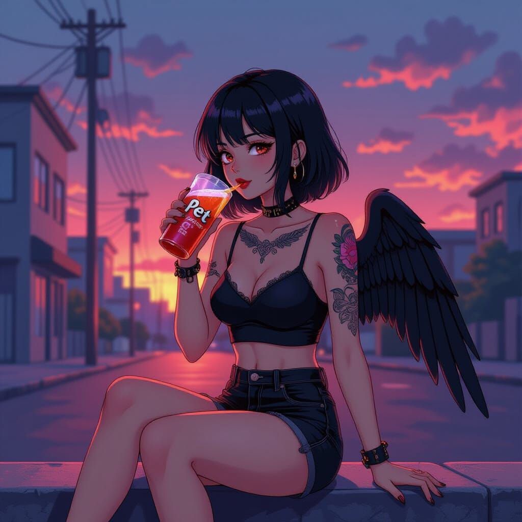 Anime Woman with Wing Tattoos Drinks Energy Drink