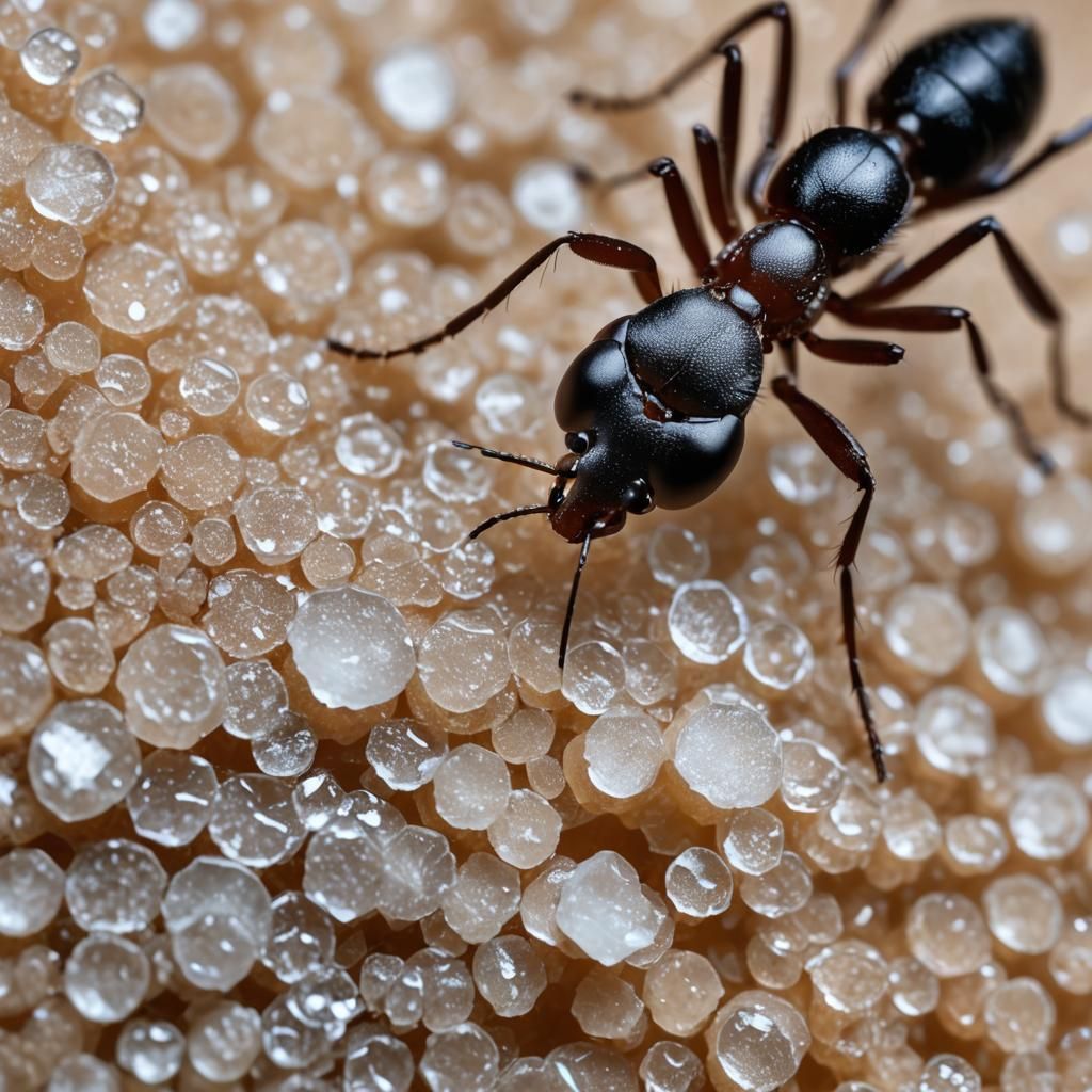 Macro Photograph of an Ant Eating Sugar