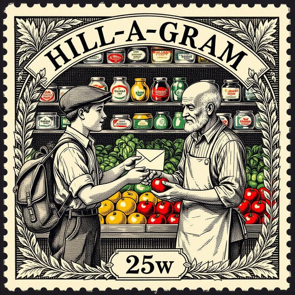 Vintage Telegram Stamp: Delivery Man and Produce Owner