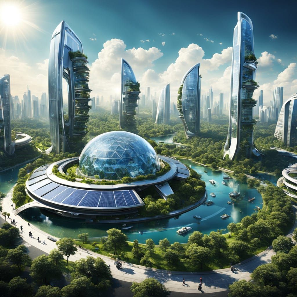 Surreal Solarpunk Cityscape of a Futuristic Utopia