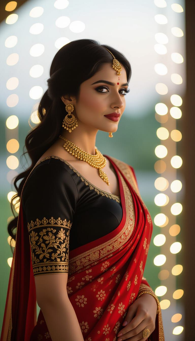 Indian Woman in Red Saree at Evening Party