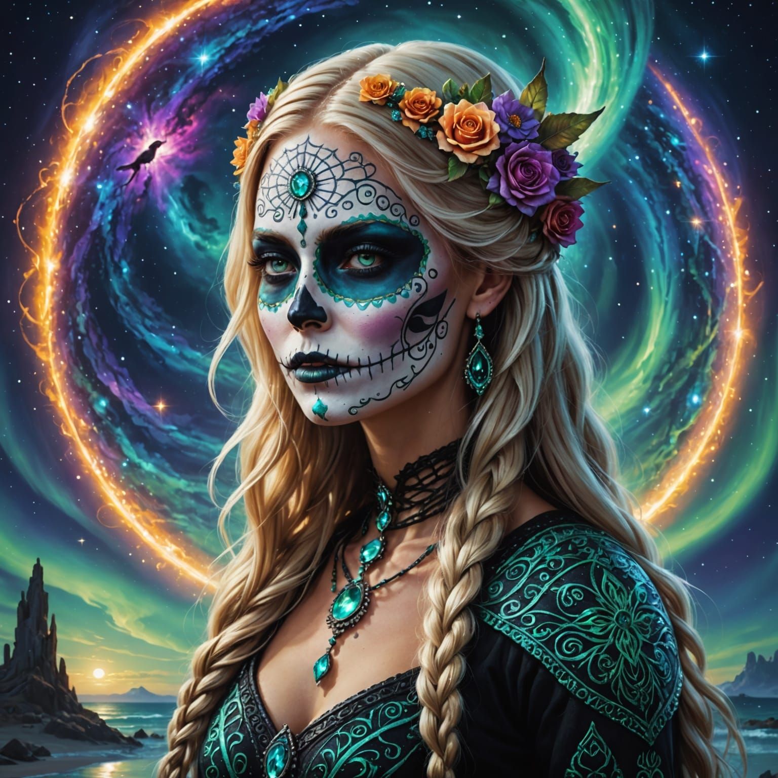 Ethereal Day of the Dead Goddess Under Cosmic Skies