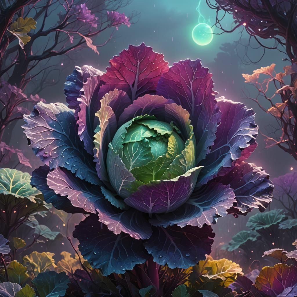 Iridescent Cabbage in Ethereal Mist: Digital Matte Painting