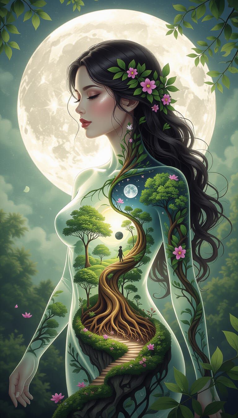 Luminous Glass Woman: Yin Yang Symbol in 3D Art