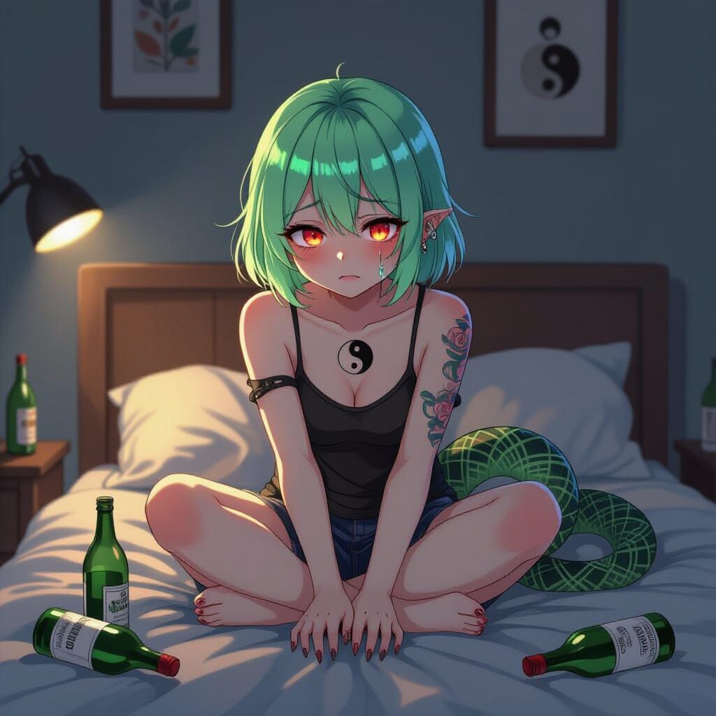 Anime Girl Crying in Dark Room with Alcohol Bottles