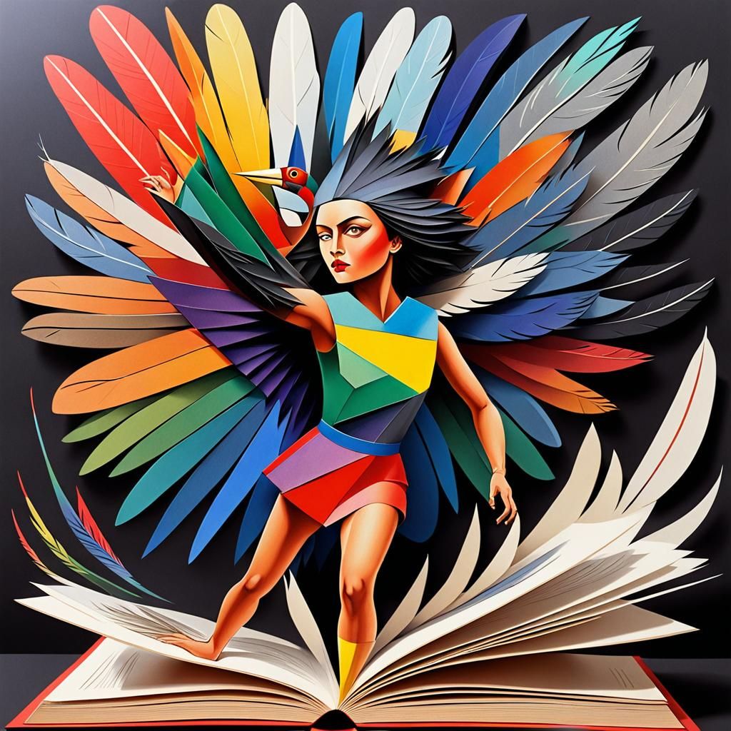 Abstract Thunderbird Woman in Pop-Up Book Style