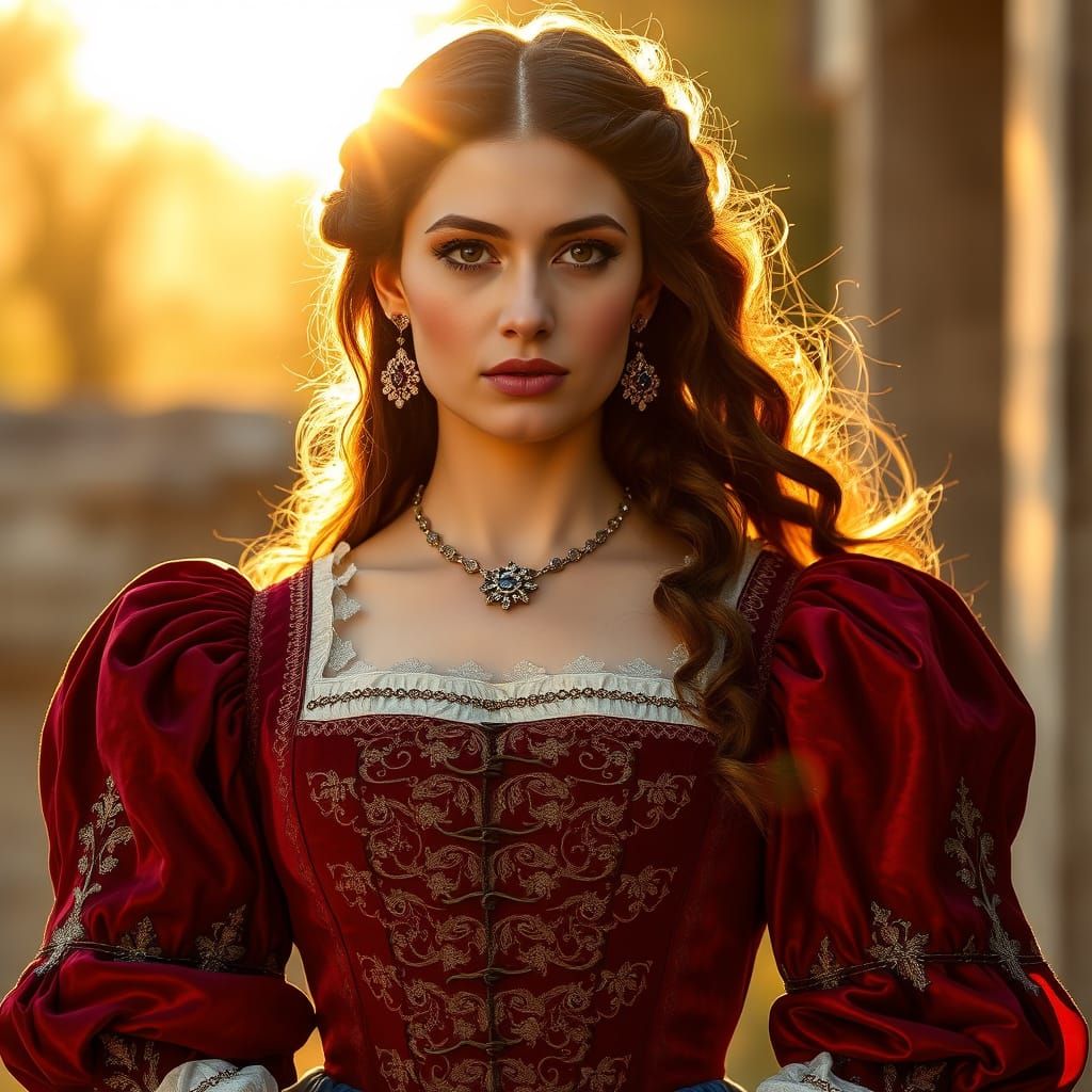 Elegant 1500s Crimson Dress in Golden Hour Light