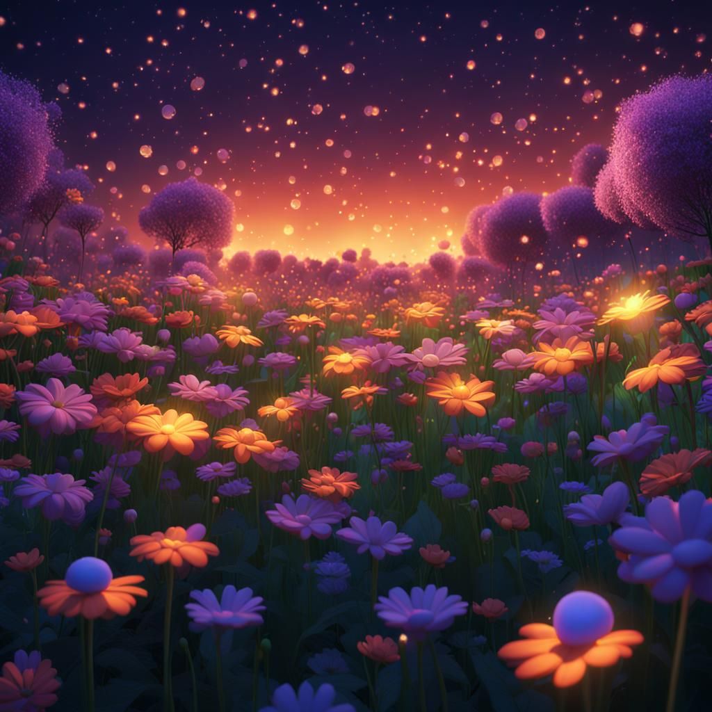 Fireflies Dance in a Field of Flowers: 3D Render