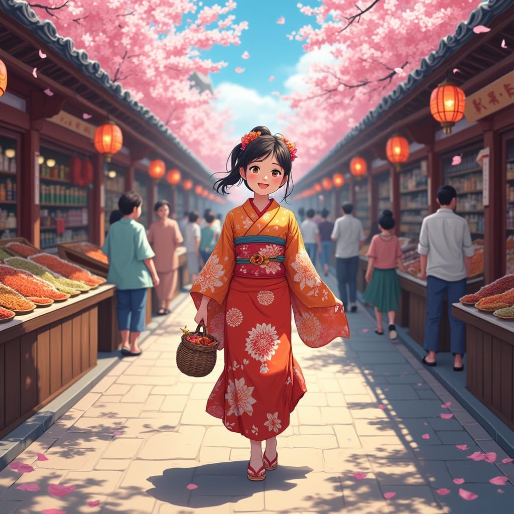 Anime Style Japanese Woman in Vibrant Bazaar