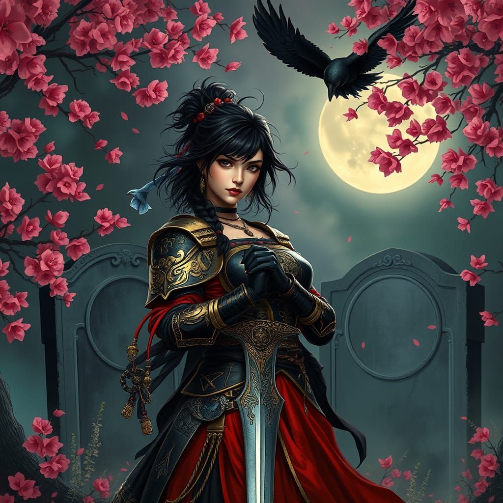 A stunning beautiful oriental. Woman, warrior standing in front of a gothic grave at midnight. The stunning fantasy port...