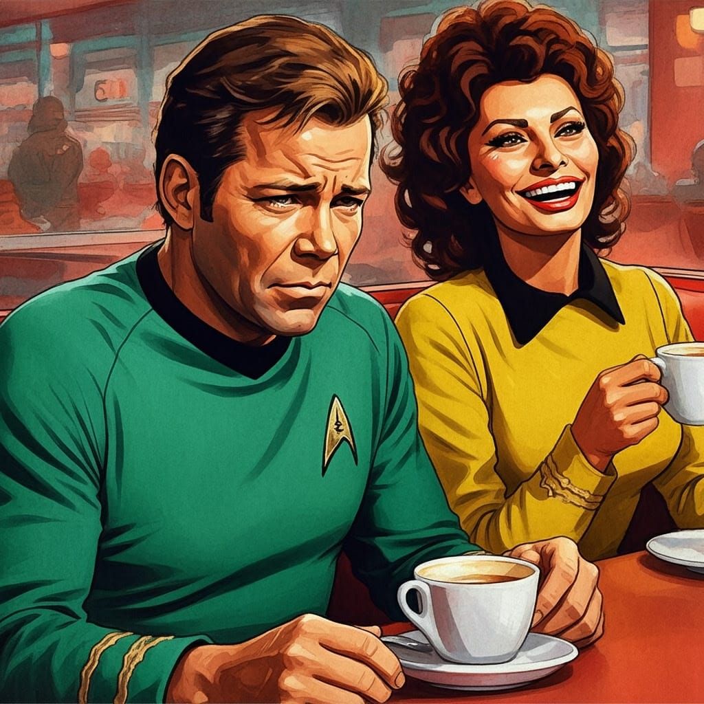 Impressionistic Watercolor of Kirk and Rand at Diner